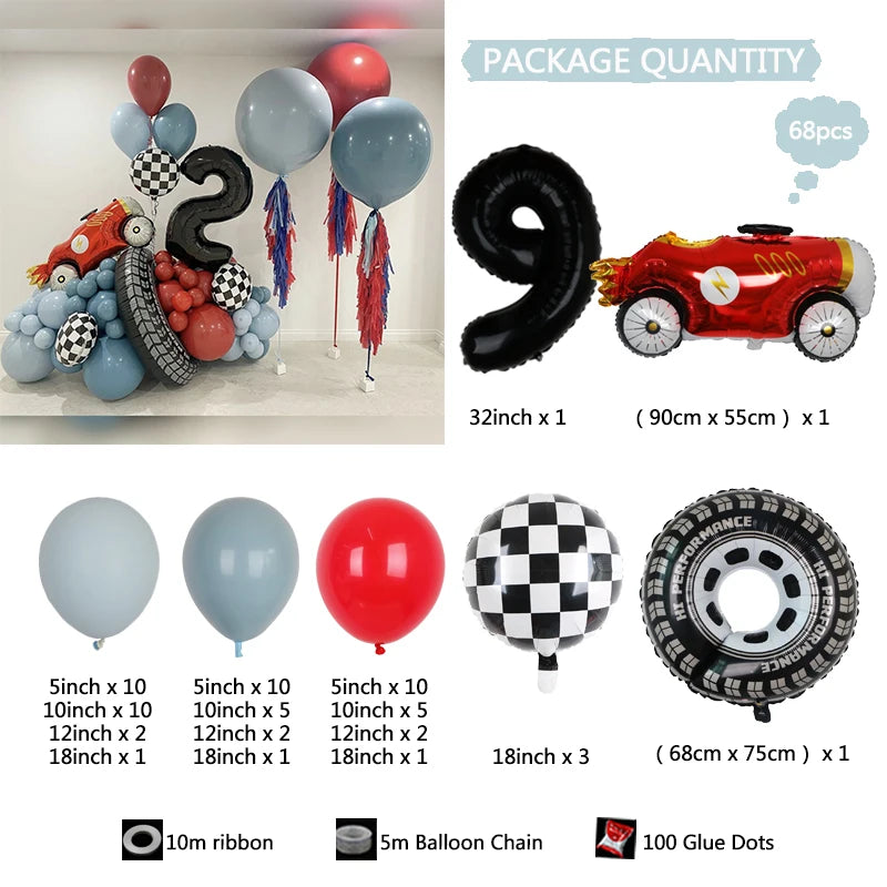 Kit Festa Hot Wheels 68 balões metalizados quadriculados vermelhos e brancos em formato