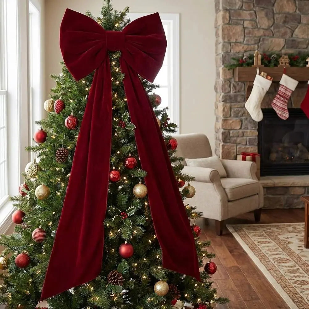 Laço de Natal Gigante em Veludo Cor-de-Rosa com Serpentinas Longas e Shopping Laço Decorativo