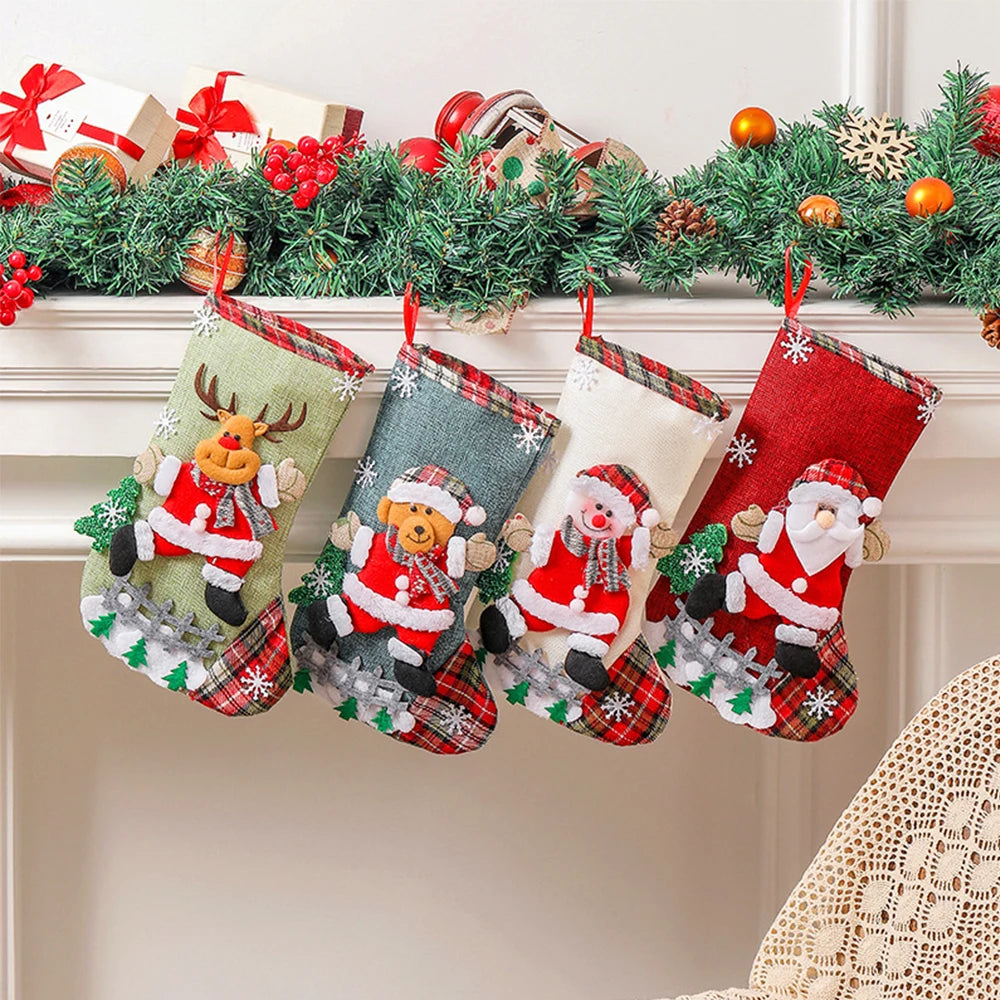 Meia de Natal Decorativa com Rena Papai Noel 30cm Rústica, Meia de Natal para Pendurar