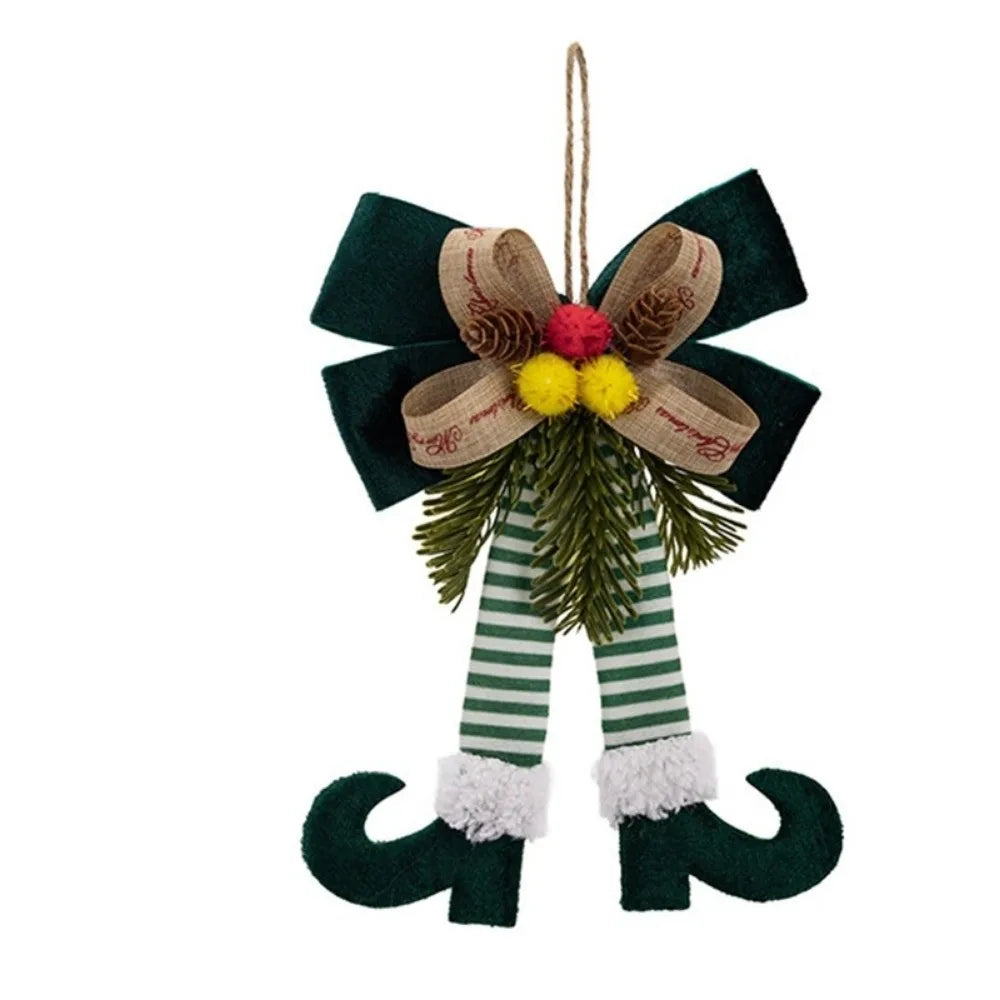 Enfeite Natalino de Pernas de Elfo com Laço e Pinha, Ideal para Pendurar em Árvores de Natal, Portas, Janelas