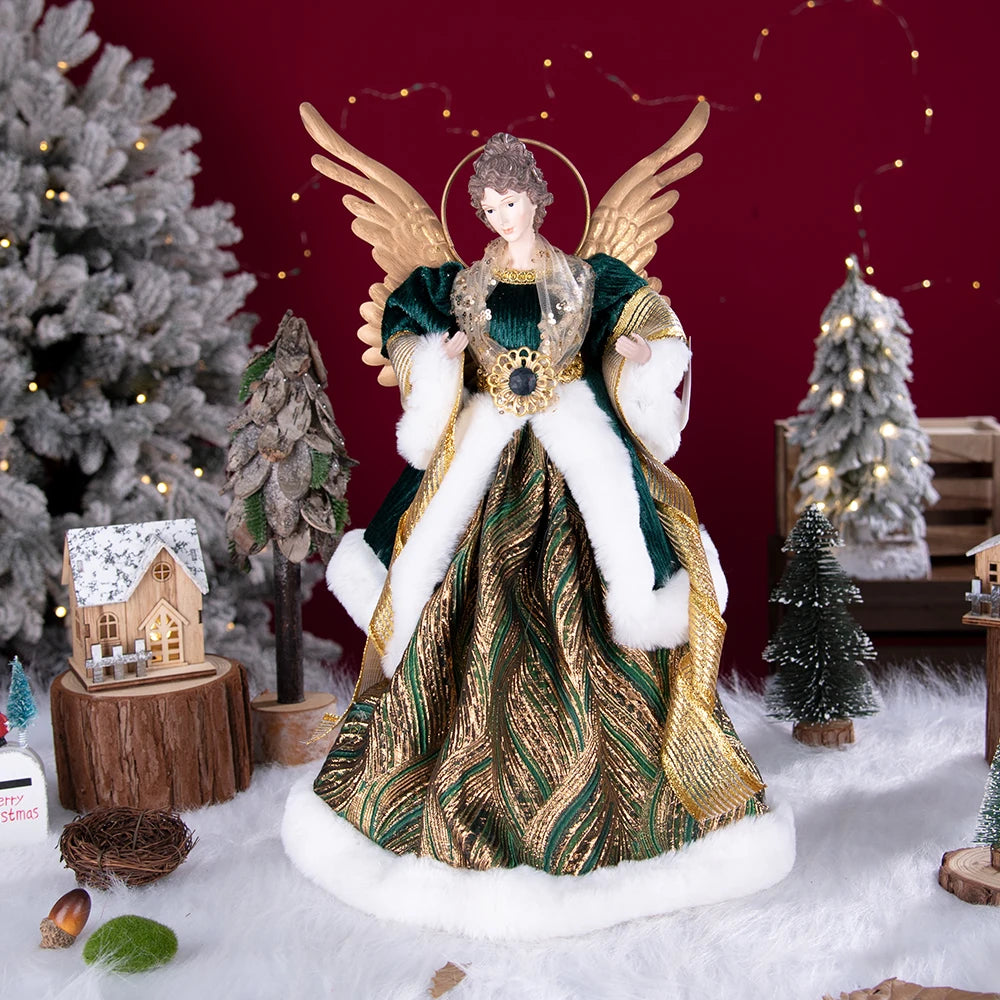 Enfeite de árvore de anjo de Natal asas douradas, elegante estatueta anjo vestido verde
