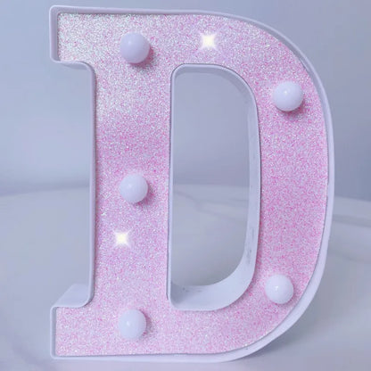 Letra de LED para letreiro de letreiro, letras rosa iluminadas com glitter alfabeto letrado