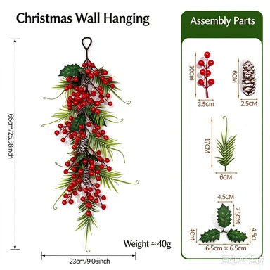 Enfeite é uma Lágrima de Natal Artificial, Galhos de Pinheiro, Frutas Vermelhas, Pinhas e um Laço Xadrez