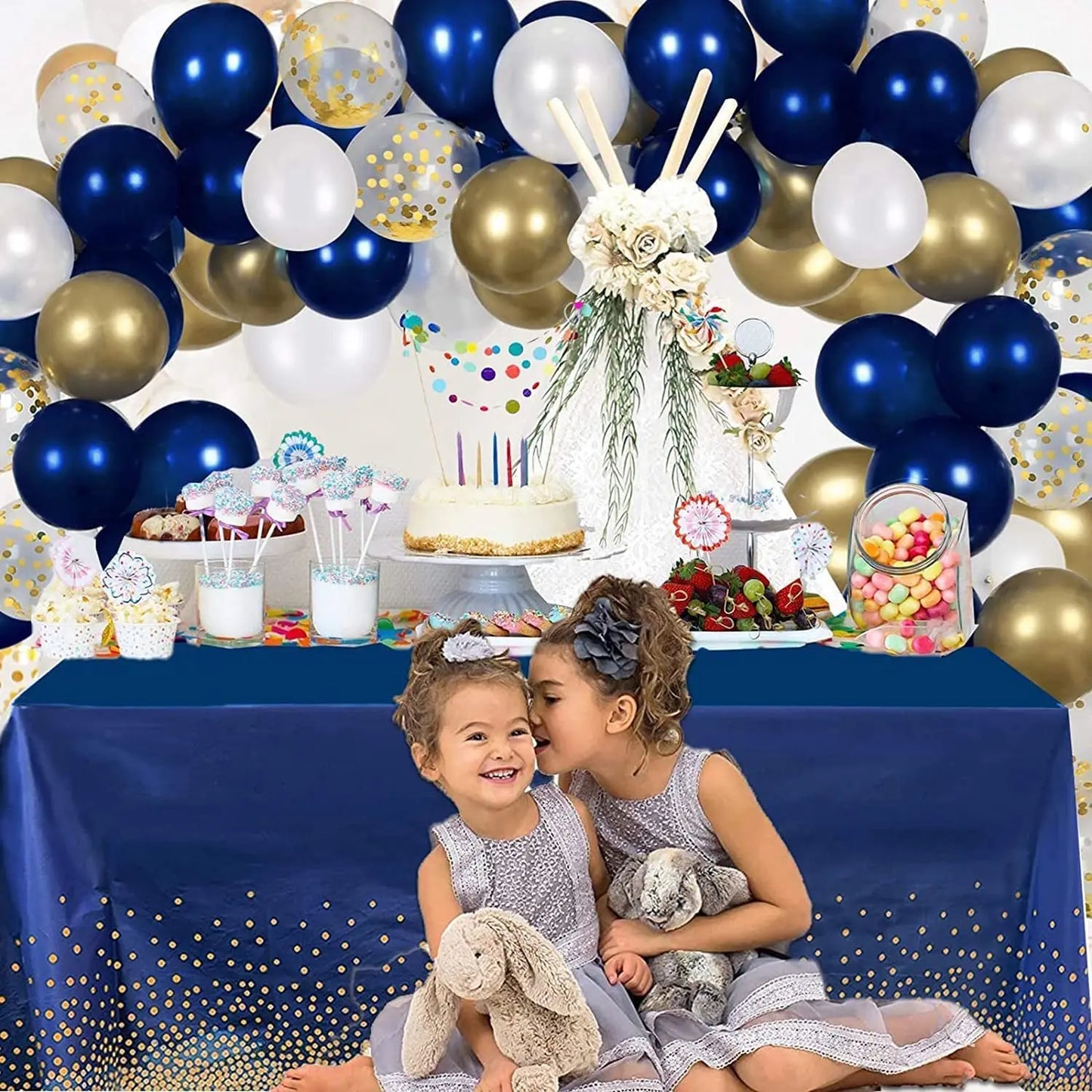 Decoração de festa de aniversário, banner de fundo azul marinho e dourado