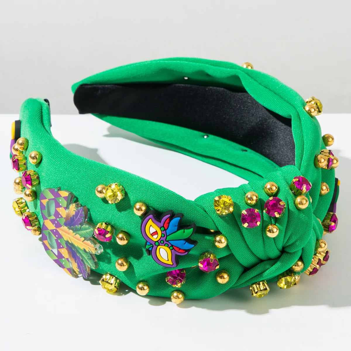 Acessórios de faixa de cabeça de carnaval, roxo, verde, amarelo, strass e acolchoada