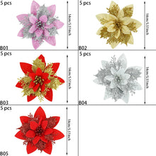 Carregar imagem no visualizador da galeria, 10 peças de flores artificiais de poinsétia com glitter, ornamentos de árvore de Natal
