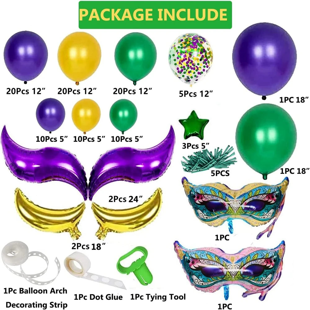 Kit de arco de guirlanda de balões de carnaval, 114 peças, ouro verde roxo balões