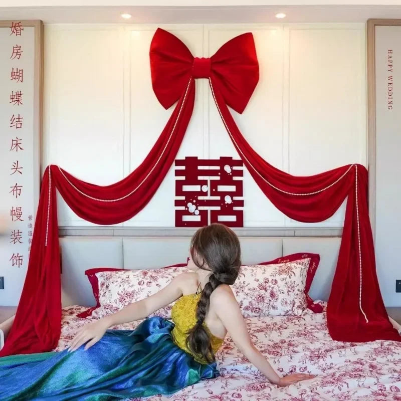 Laço decorativo grande, laço gigante de veludo vermelho, cenário casamento, decoração