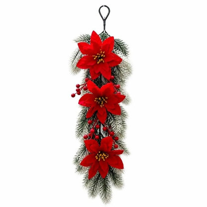 Enfeite é um Arranjo Pendente de Natal Artificial, Flores de Poinsétia Vermelho e Folhagem Pinheiro