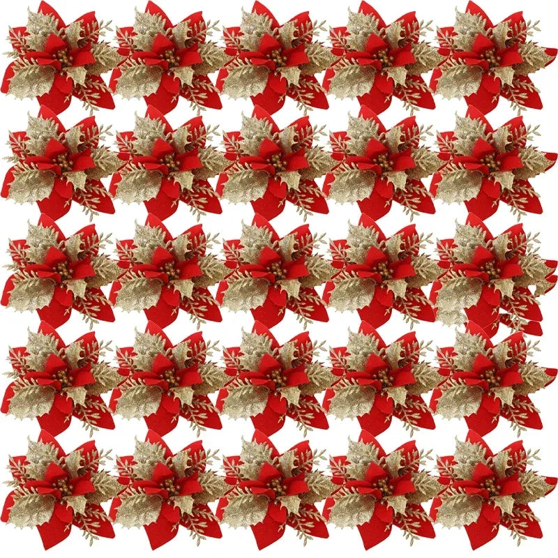 Flor Vermelha Natalina com Glitter  Flores Natal Artificiais Glitter de 14 cm, 5/10/20/50 Peças