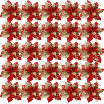Flor Vermelha Natalina com Glitter  Flores Natal Artificiais Glitter de 14 cm, 5/10/20/50 Peças