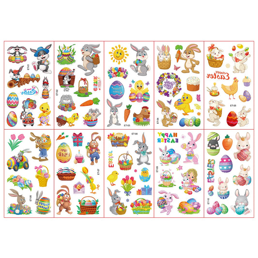 Páscoa Cartoon tatuagem temporária adesivos, ovos Páscoa, coelhos bonitos e decoração