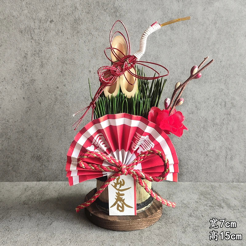Vaso Três Tubos Leque Dourado com Placa de Madeira, Adorno de Mesa de Ano Novo Japonês (Kadomatsu)