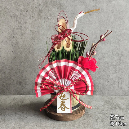 Vaso Três Tubos Leque Dourado com Placa de Madeira, Adorno de Mesa de Ano Novo Japonês (Kadomatsu)
