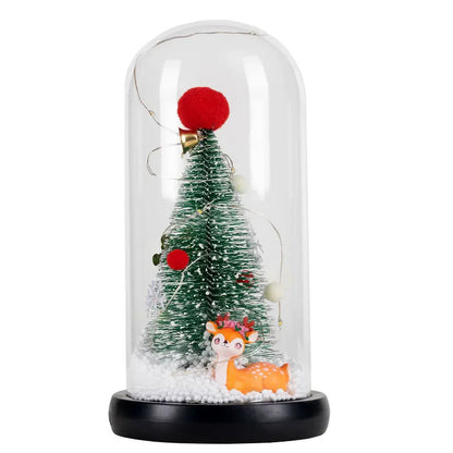 Mini Árvores de Natal Decoradas com Luzes LED em Cúpulas Vidro (Cápsulas Eternas), Posicionadas Base Clara