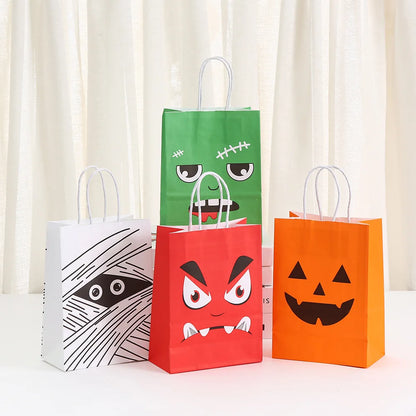 24 Peças de sacos de papel kraft de Halloween com alças rosto fantasma monstro abóbora