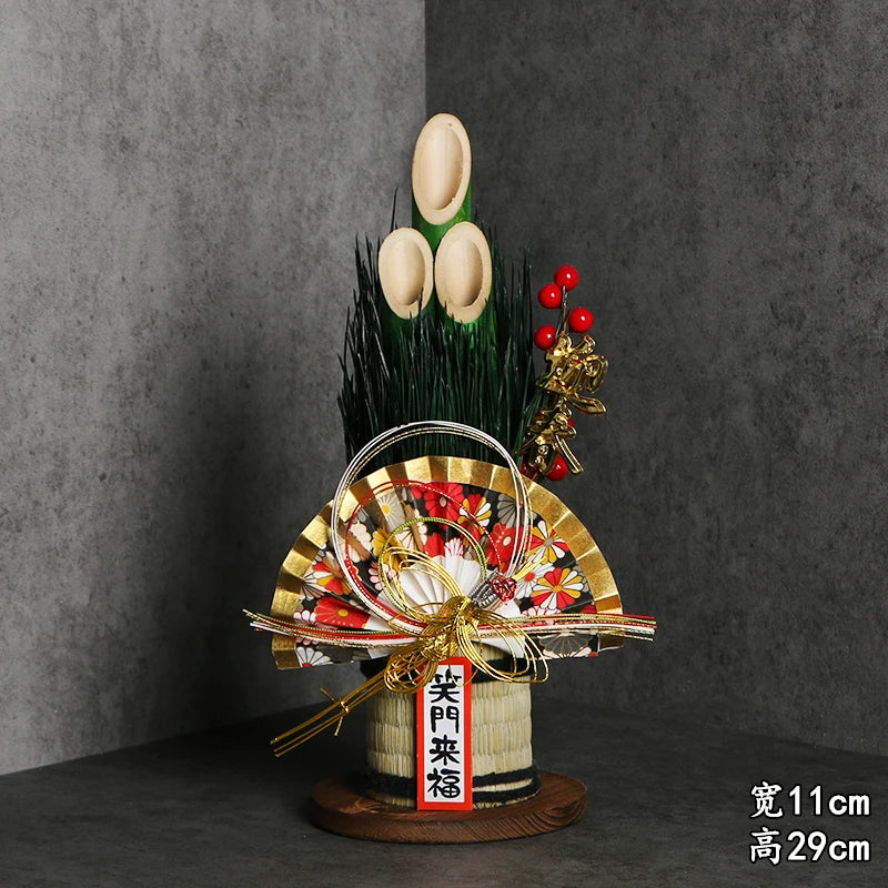 Vaso Três Tubos Leque Dourado com Placa de Madeira, Adorno de Mesa de Ano Novo Japonês (Kadomatsu)