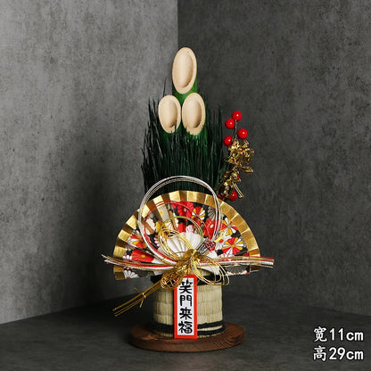 Vaso Três Tubos Leque Dourado com Placa de Madeira, Adorno de Mesa de Ano Novo Japonês (Kadomatsu)