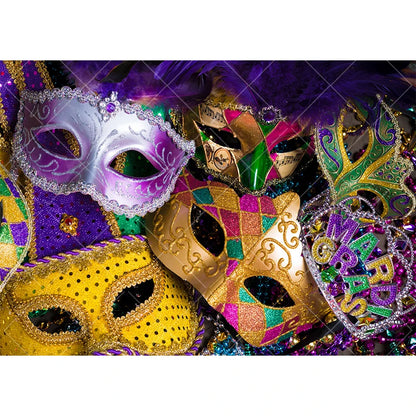 Carnaval, cenário fotográfico, roxo, verde, dourado, máscara, baile, dança, fundo máscaras