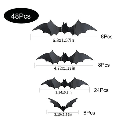 Morcegos 3D 12/48/60/72 Peças de Decoração de Morcego de Halloween e 4 Tamanhos