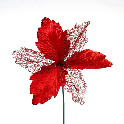 Kit 2 Flor Vermelha Decoração Natal Artificial Glitter 29cm Flor Vermelha Árvore Natal