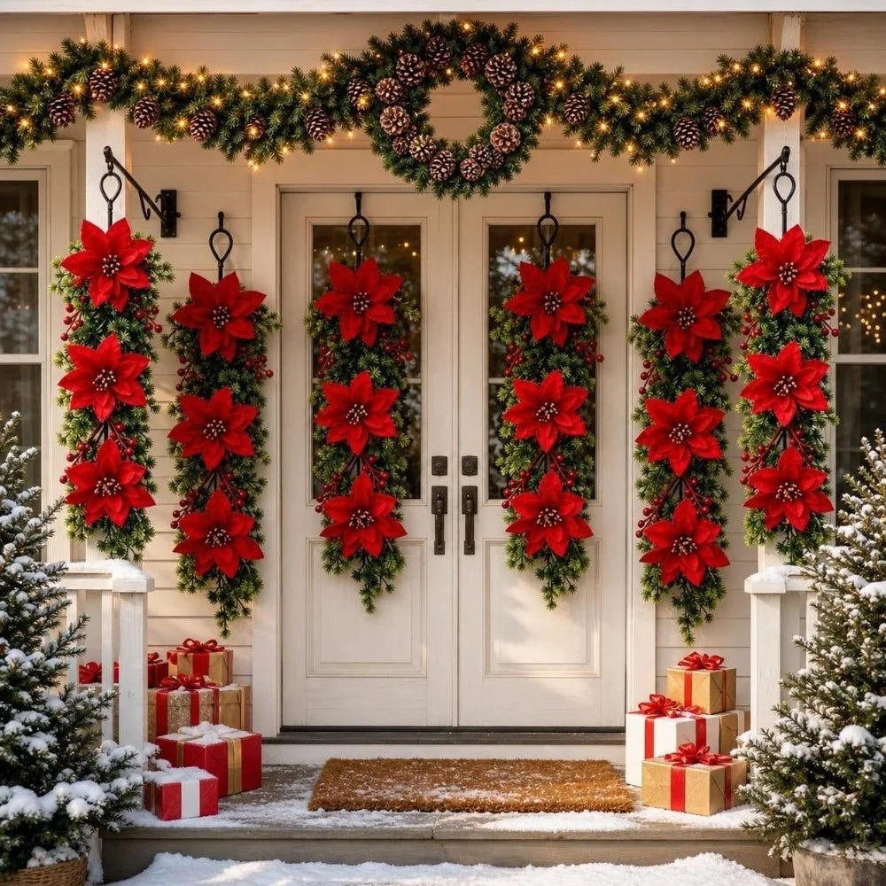 Enfeite é um Arranjo Pendente de Natal Artificial, Flores de Poinsétia Vermelho e Folhagem Pinheiro