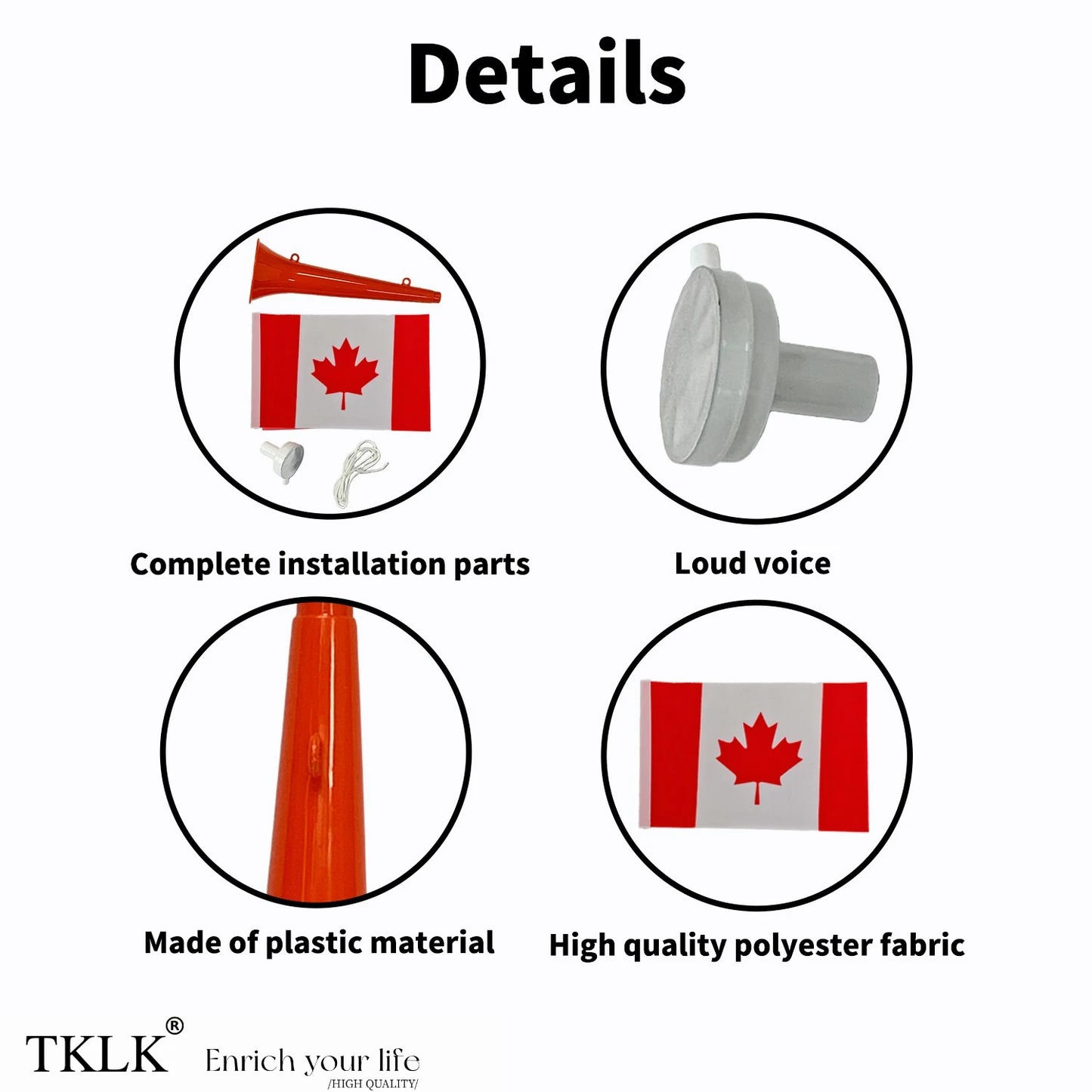 Torcedor Canada 5 Peças: Bandeira, bastão cabeça redonda, Bandeira, Cachecol, Trompete
