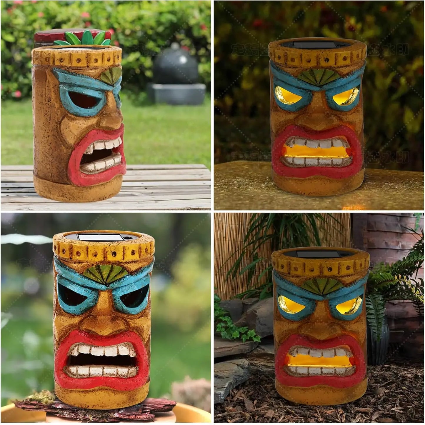 Decoração de estátua Tiki solar ao ar livre - Decoração de bar Tiki - Estátuas cabeça