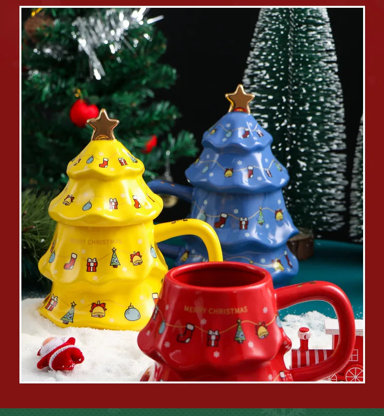 Canecas de Cerâmica em Formato de Árvore Natal Tampa e Detalhes Coloridos Capacidade/*401ml*500ml
