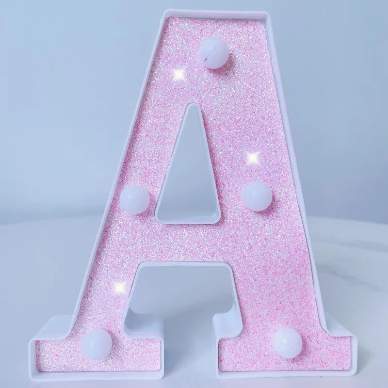 Letra de LED para letreiro de letreiro, letras rosa iluminadas com glitter alfabeto letrado