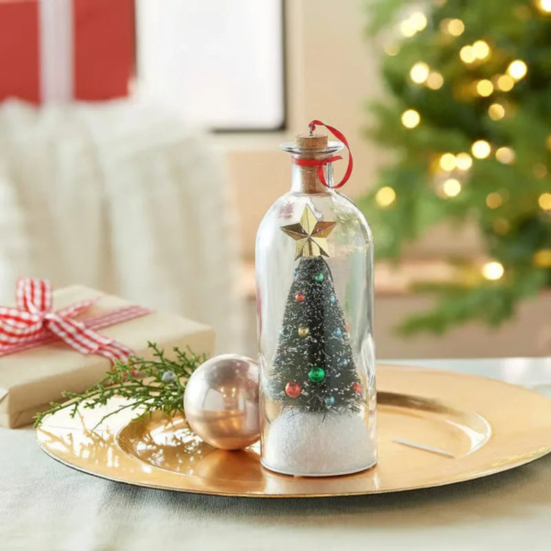 Enfeites de Natal Luminosos em Formato de Garrafa de Vidro com Miniaturas de Árvore de Natal e Papai Noel