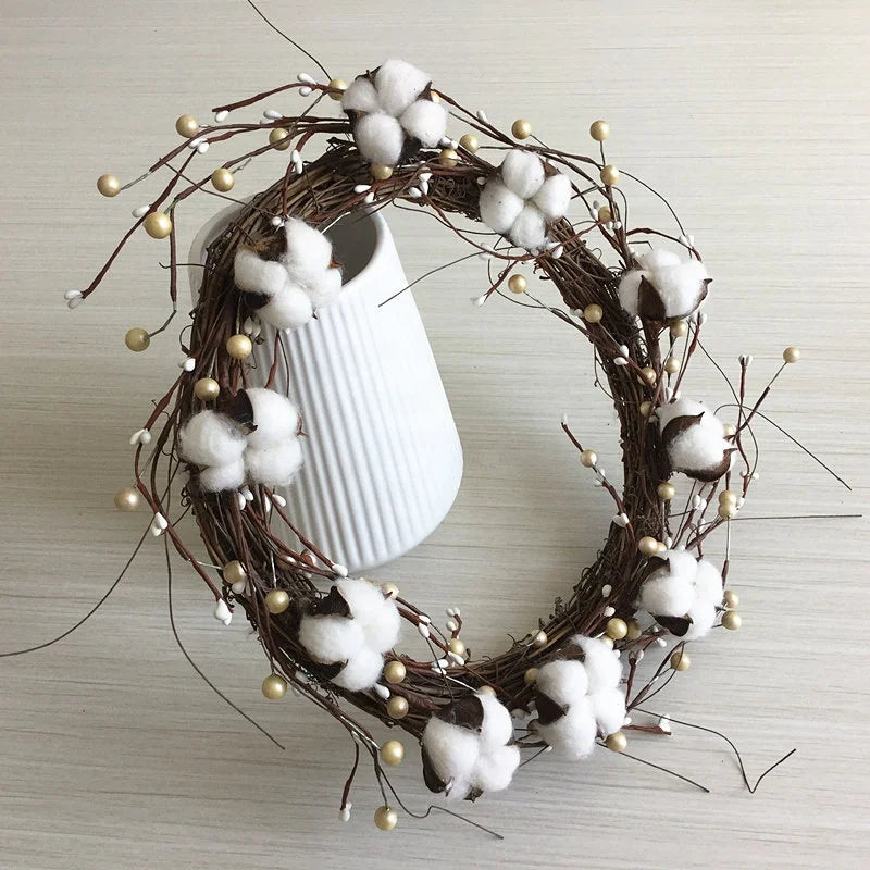 Guirlanda de flores de algodão seco, guirlanda de Natal, pingente de porta, decoração