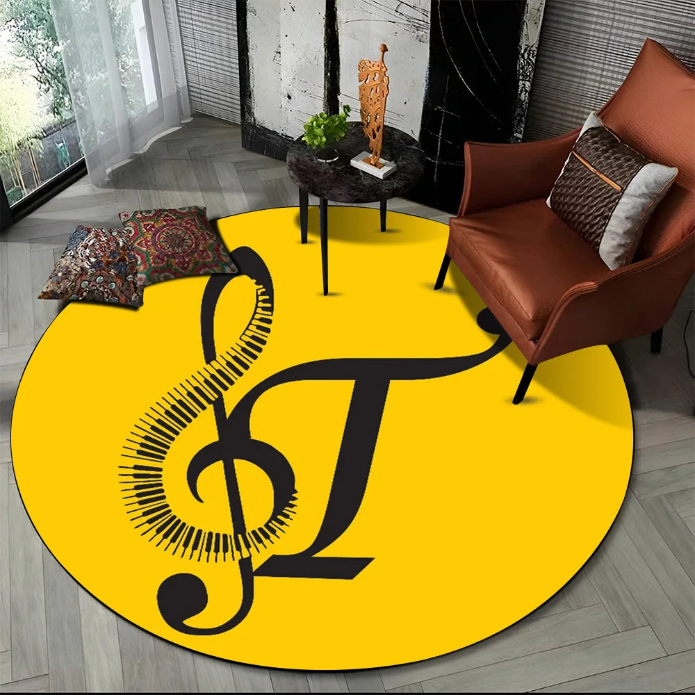 Tapete Redondo Antiderrapante com Estampa Colorida Teclas de Piano e Símbolos 150cm