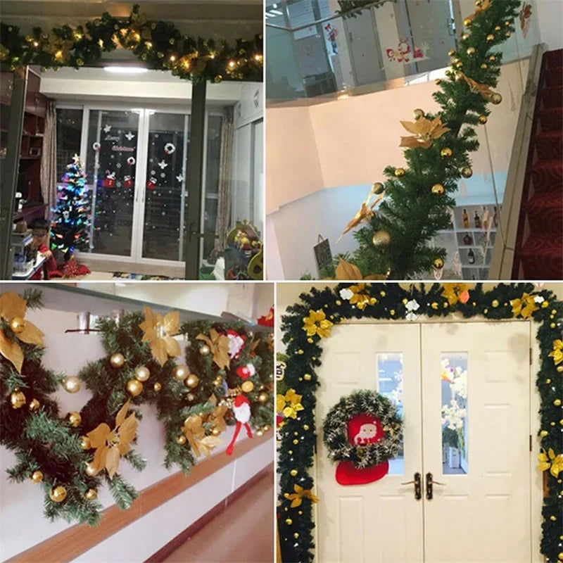 Guirlanda de Natal Artificial Pré-iluminada, Vime Verde Decorações de Flores Prateadas