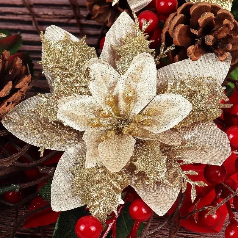 Flores Natal Glitter Artificial 5/10/20/30 peças de Poinsétia de Flores de Natal e Purpurina
