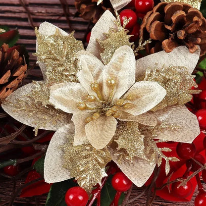 Flores Natal Glitter Artificial 5/10/20/30 peças de Poinsétia de Flores de Natal e Purpurina