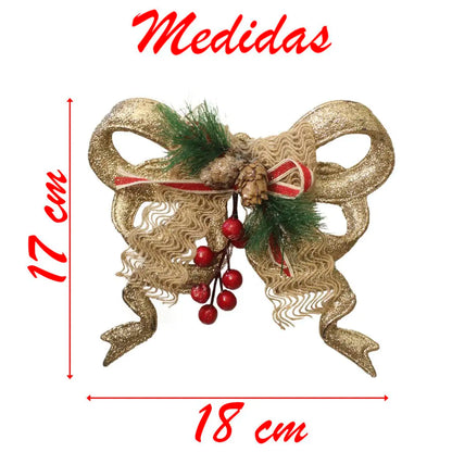 Laço Pinhais Vagas Natal Enfeite Pendente Laço Natalino Dourado com Brilho 18cm Natal