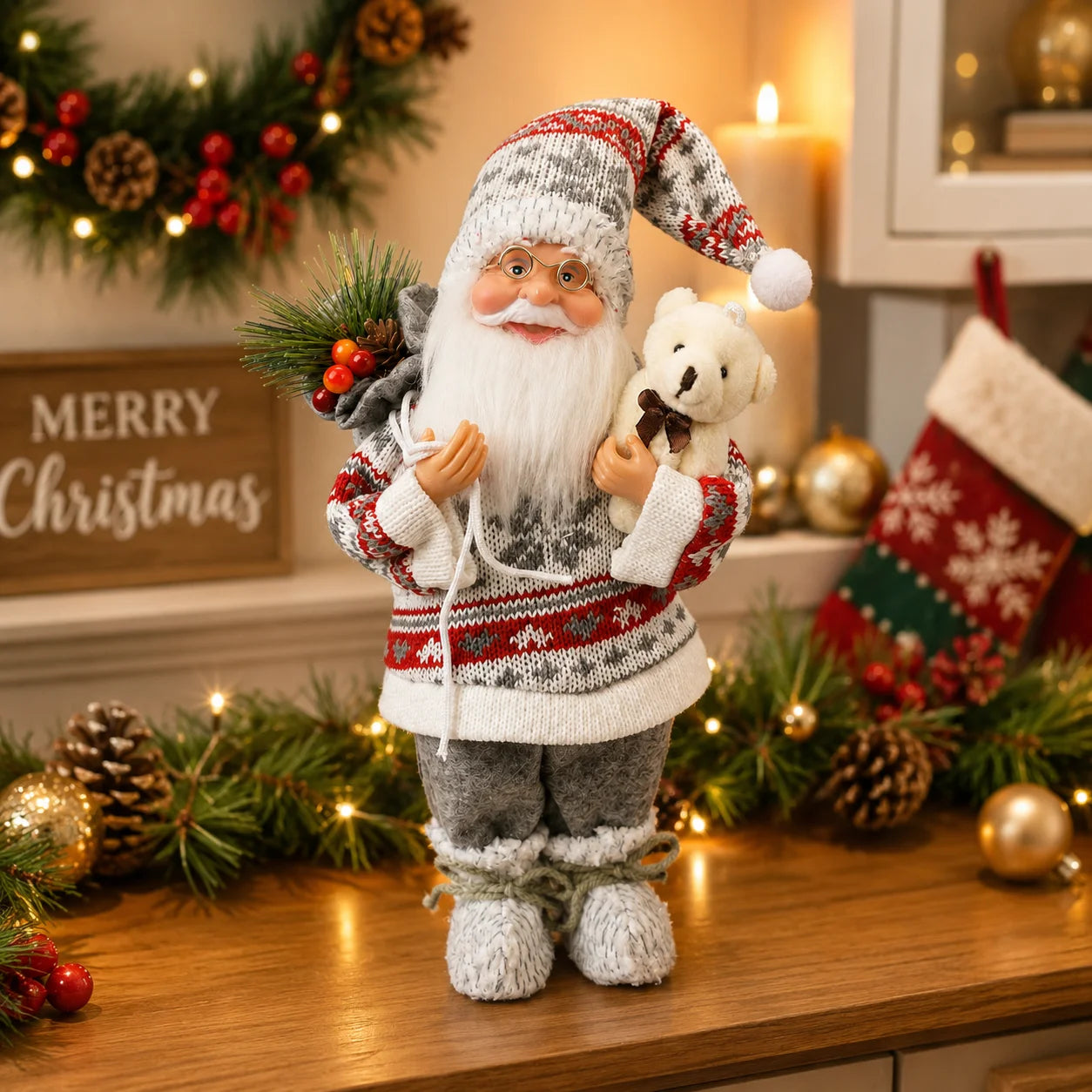 Papai Noel de Urso (Vermelho e Cinza) Enfeite de Natal Papai Noel Pé, Decoração Plástico