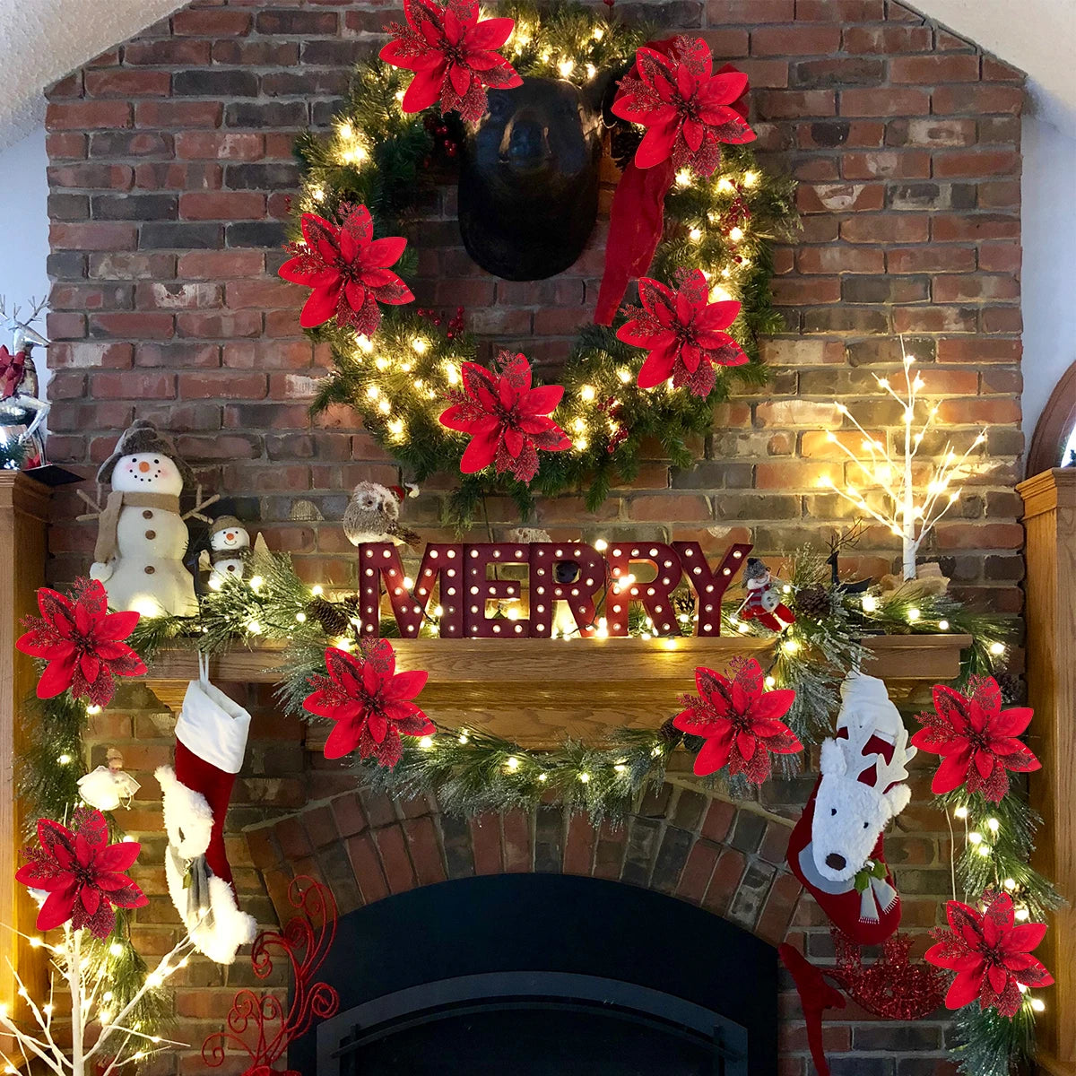 24 peças, flor de poinsétia, flores artificiais de Natal com clipes, hastes e poinsétias