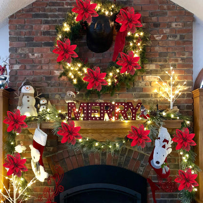 24 peças, flor de poinsétia, flores artificiais de Natal com clipes, hastes e poinsétias