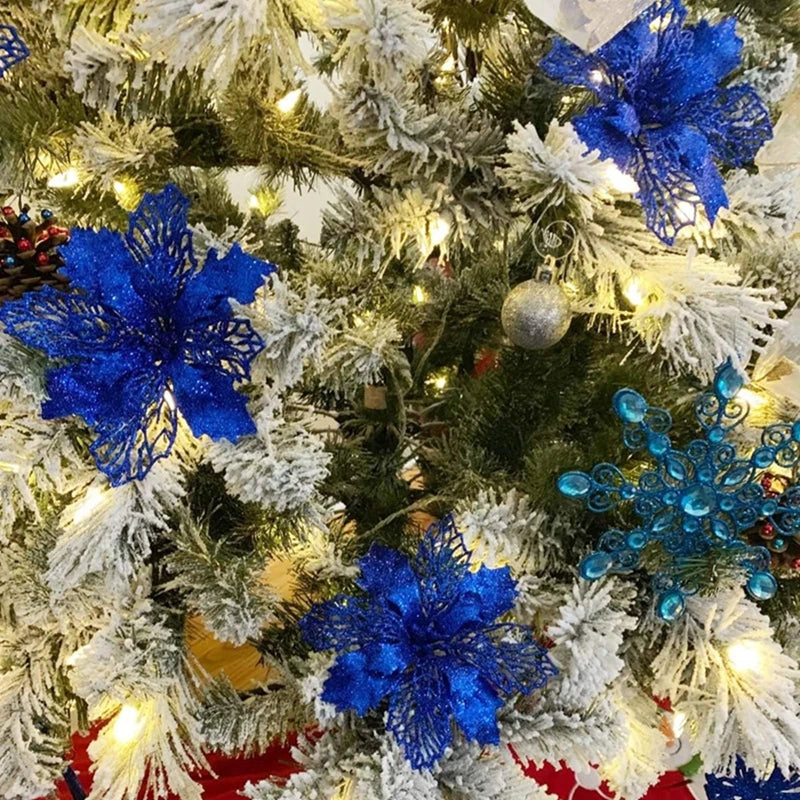 10 Peças de flores artificiais de poinsétia com glitter de Natal, decorações de flores