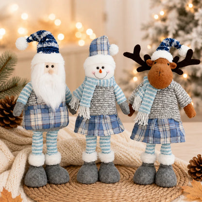 Boneco de Papai Noel Azul Decoração de Natal em Tecido Xadrez Azul com Papai Noel