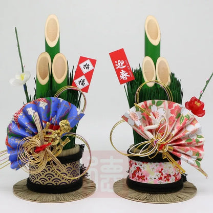 Vaso Três Tubos Leque Dourado com Placa de Madeira, Adorno de Mesa de Ano Novo Japonês (Kadomatsu)