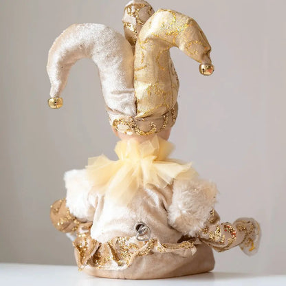 Bonecos Decorativos de Palhaço ou Pierrot de Natal com Pernas Articuladas em Tons Dourado, Vermelho, Prata