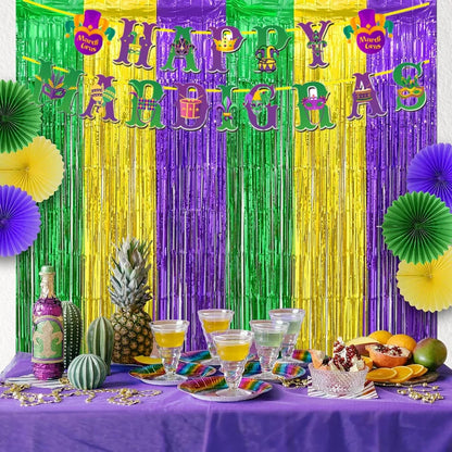Cortinas Metalizadas Franjas  Conjunto Inclui Cortinas nas Cores Roxo, Dourado e Verde Tradicionais Carnaval