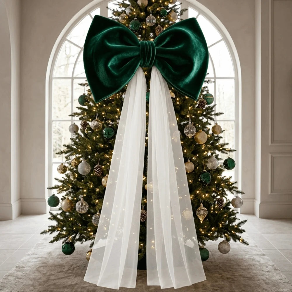 Laço de Veludo com Cauda Longa em Tule/Organza, Ornamento para Árvore de Natal e Shopping