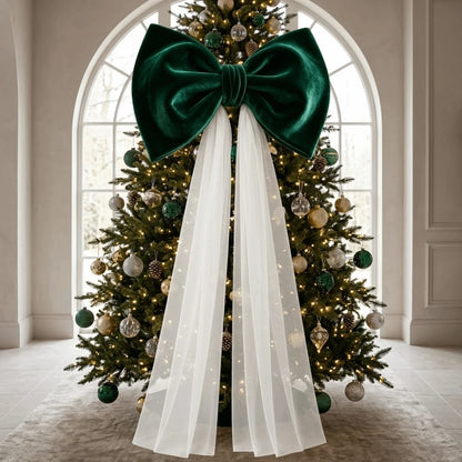 Laço de Veludo com Cauda Longa em Tule/Organza, Ornamento para Árvore de Natal e Shopping