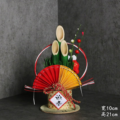 Vaso Três Tubos Leque Dourado com Placa de Madeira, Adorno de Mesa de Ano Novo Japonês (Kadomatsu)