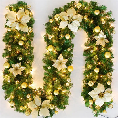 Guirlanda de Natal Artificial Pré-iluminada, Vime Verde Decorações de Flores Prateadas