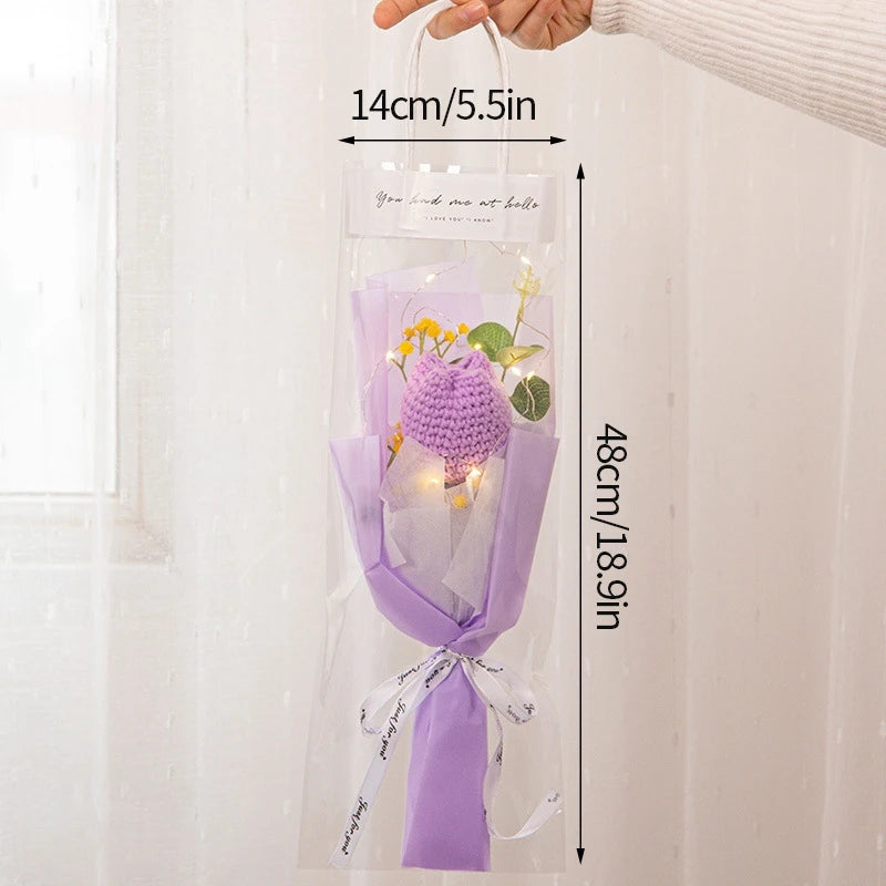 Kit completo de buquê de crochê de LED feito à mão, buquê de crochê, flor folhada falsa